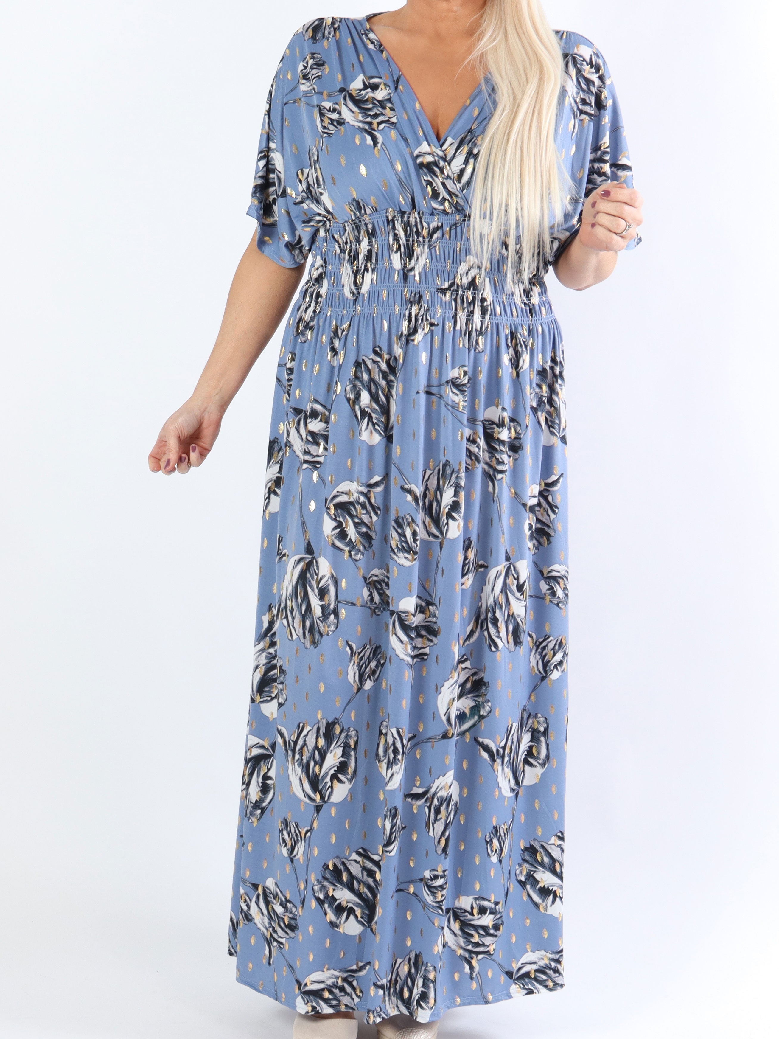 Pams Rose - Lang elastisk plus size kjole i krølfrit stof